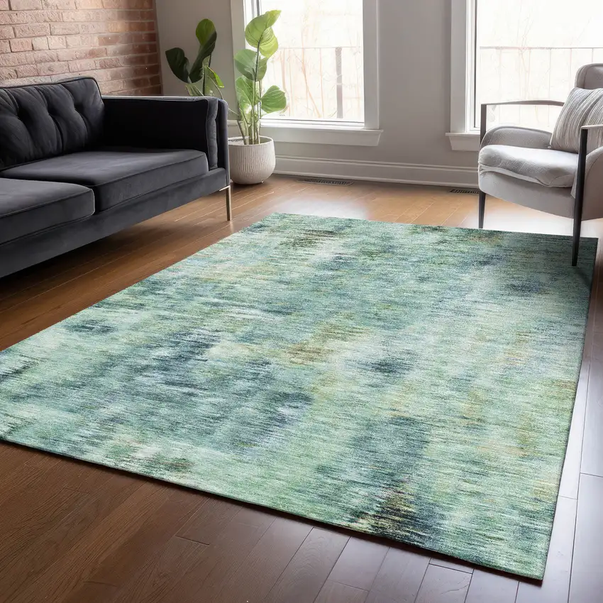Teal Blue Green And Ivory Abstract Washable Indoor Outdoor Area Rug Photo 9