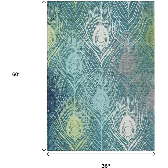 Teal Blue Green And Ivory Floral Washable Indoor Outdoor Area Rug Photo 3