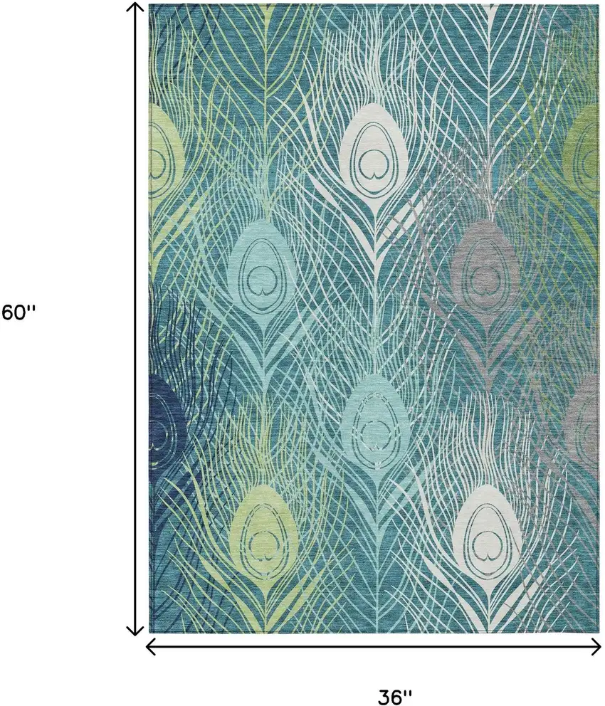 Teal Blue Green And Ivory Floral Washable Indoor Outdoor Area Rug Photo 3