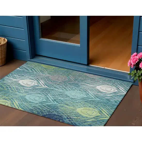 Teal Blue Green And Ivory Floral Washable Indoor Outdoor Area Rug Photo 1