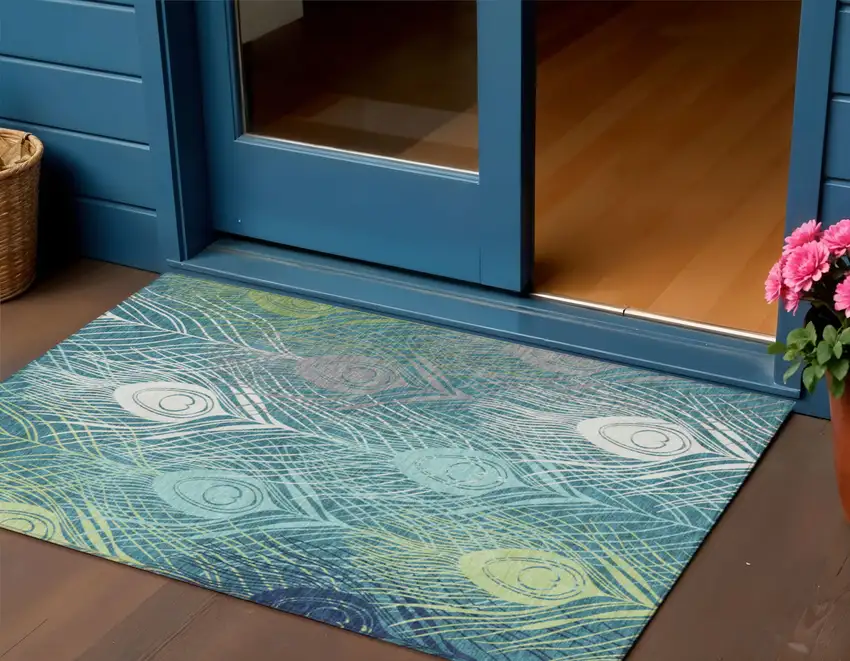 Teal Blue Green And Ivory Floral Washable Indoor Outdoor Area Rug Photo 1