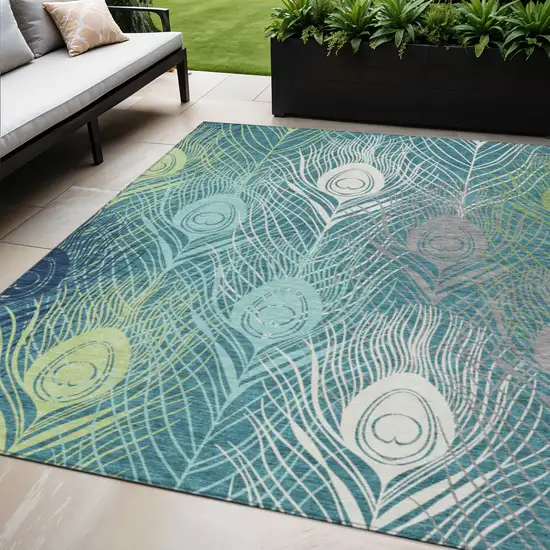 Teal Blue Green And Ivory Floral Washable Indoor Outdoor Area Rug Photo 1
