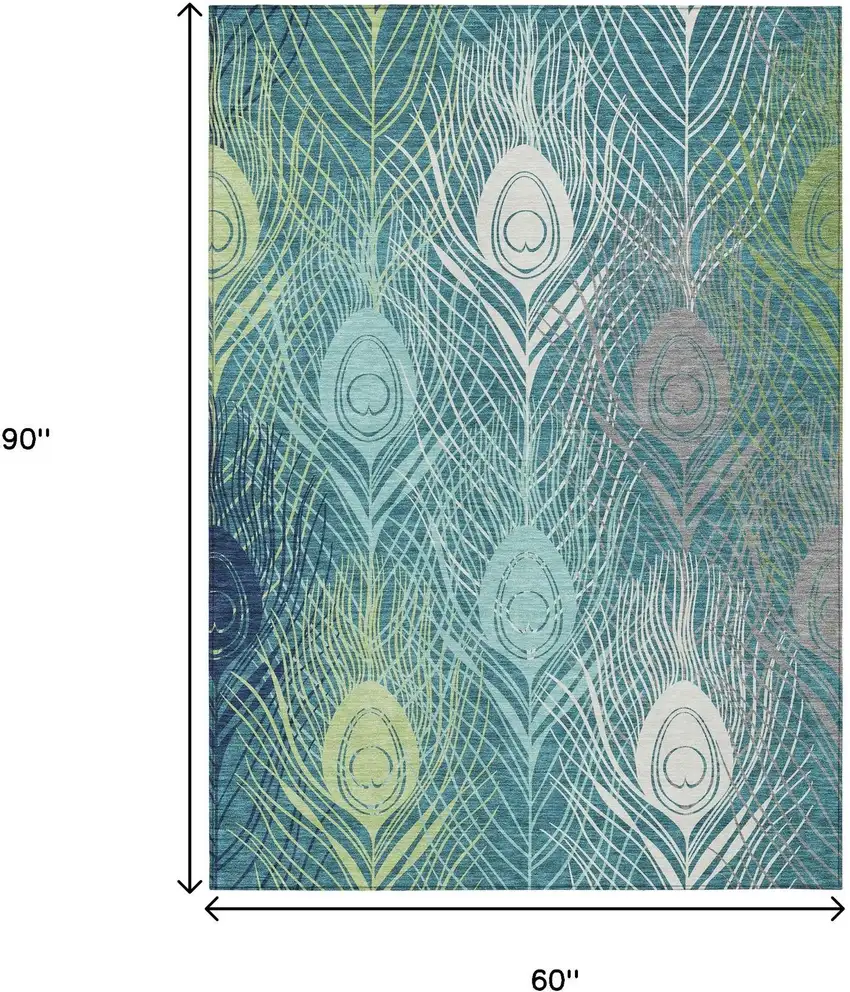 Teal Blue Green And Ivory Floral Washable Indoor Outdoor Area Rug Photo 3