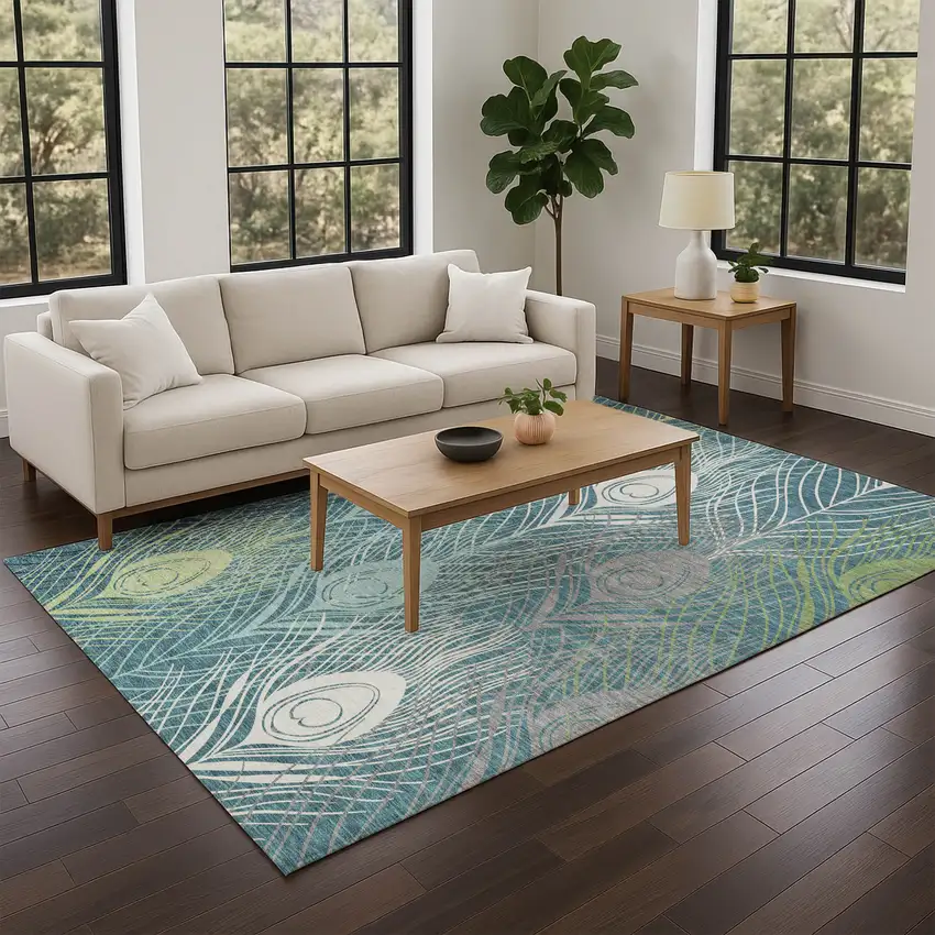 Teal Blue Green And Ivory Floral Washable Indoor Outdoor Area Rug Photo 7