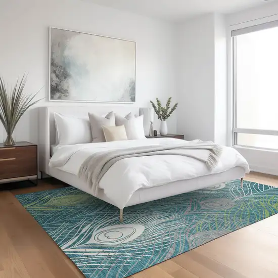 Teal Blue Green And Ivory Floral Washable Indoor Outdoor Area Rug Photo 9