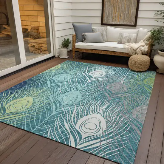 Teal Blue Green And Ivory Floral Washable Indoor Outdoor Area Rug Photo 9