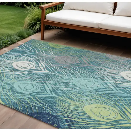 Teal Blue Green And Ivory Floral Washable Indoor Outdoor Area Rug Photo 1