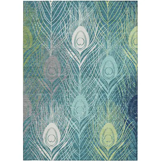Teal Blue Green And Ivory Floral Washable Indoor Outdoor Area Rug Photo 4