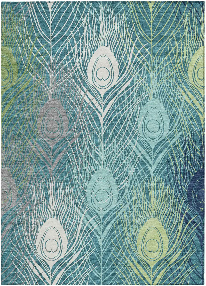 Teal Blue Green And Ivory Floral Washable Indoor Outdoor Area Rug Photo 4