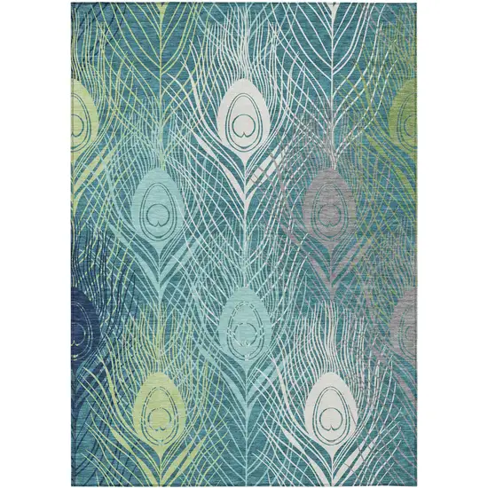 Teal Blue Green And Ivory Floral Washable Indoor Outdoor Area Rug Photo 2
