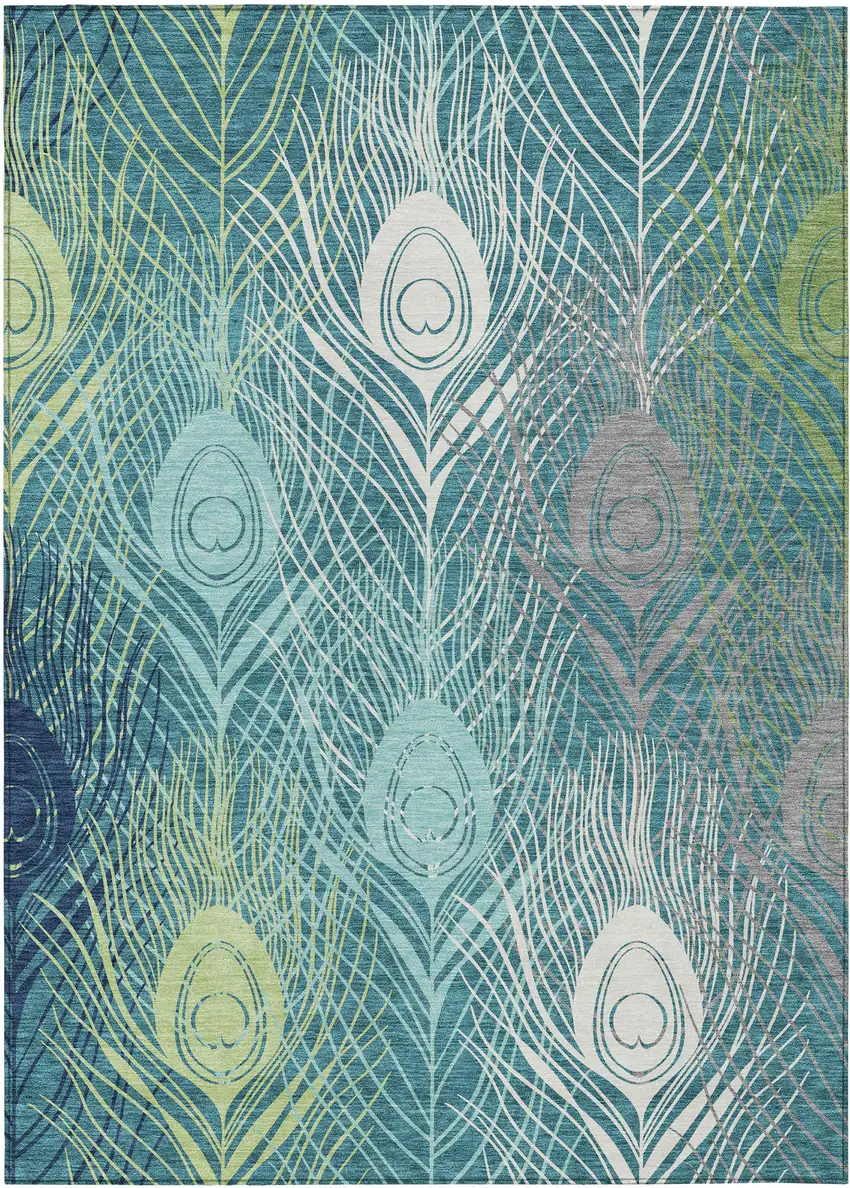 Teal Blue Green And Ivory Floral Washable Indoor Outdoor Area Rug Photo 2