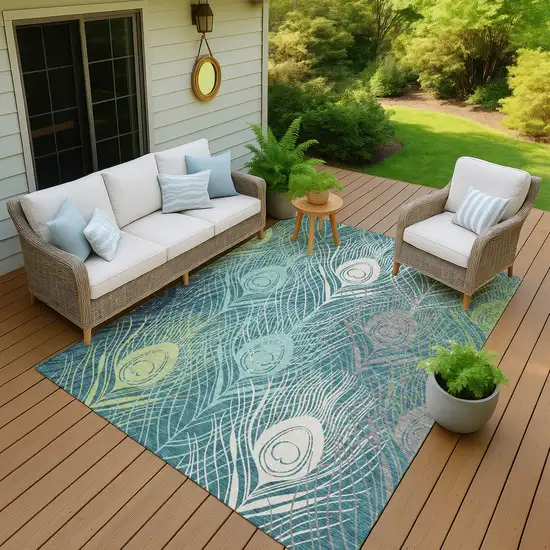 Teal Blue Green And Ivory Floral Washable Indoor Outdoor Area Rug Photo 6