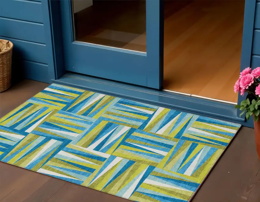 Teal Blue Green And Ivory Geometric Washable Indoor Outdoor Area Rug Photo 1