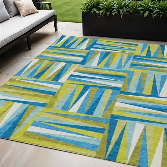 Teal Blue Green And Ivory Geometric Washable Indoor Outdoor Area Rug Photo 1