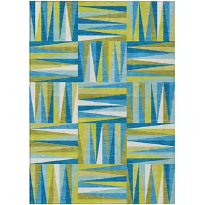Photo of Teal Blue Green And Ivory Geometric Washable Indoor Outdoor Area Rug