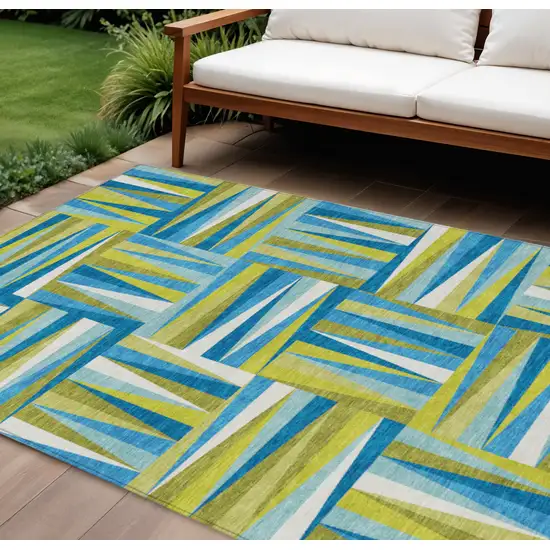Teal Blue Green And Ivory Geometric Washable Indoor Outdoor Area Rug Photo 1