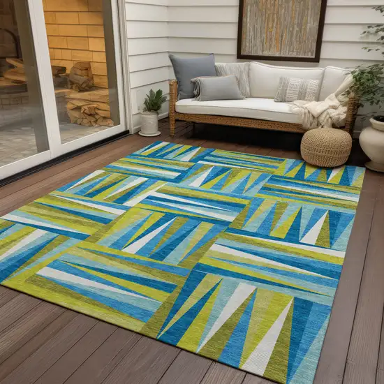 Teal Blue Green And Ivory Geometric Washable Indoor Outdoor Area Rug Photo 8