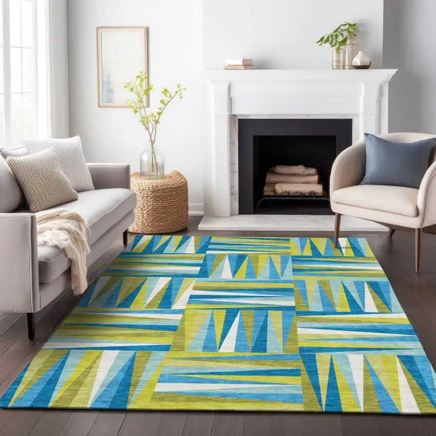 Teal Blue Green And Ivory Geometric Washable Indoor Outdoor Area Rug Photo 9