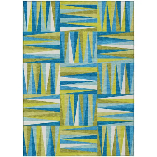 Teal Blue Green And Ivory Geometric Washable Indoor Outdoor Area Rug Photo 2