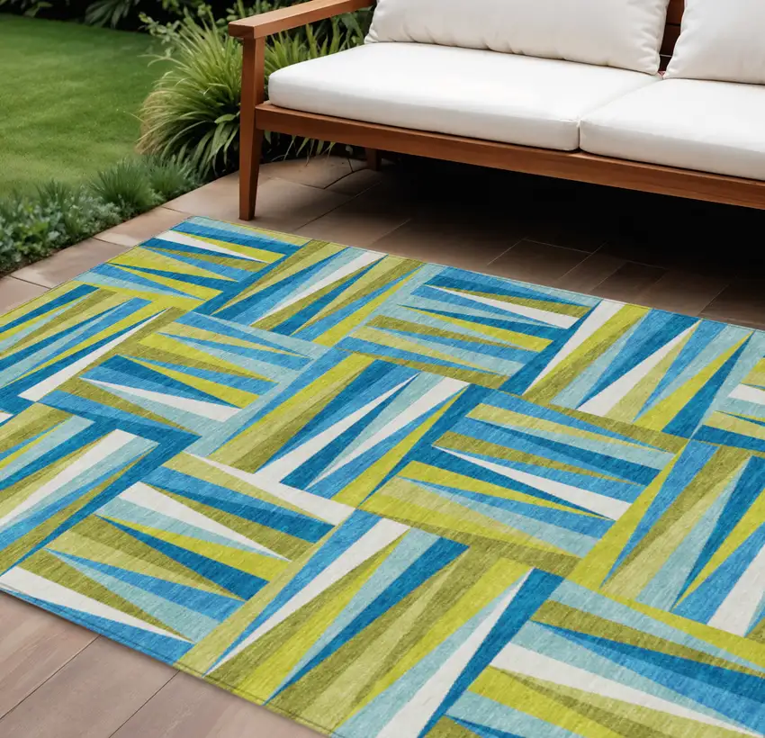 Teal Blue Green And Ivory Geometric Washable Indoor Outdoor Area Rug Photo 1