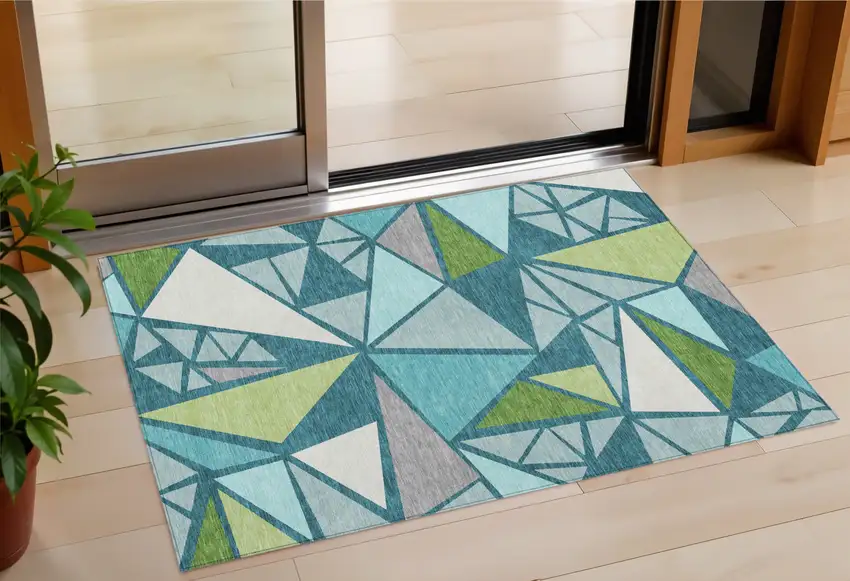 Teal Blue Green And Ivory Geometric Washable Indoor Outdoor Area Rug Photo 1