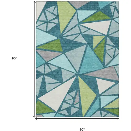 Teal Blue Green And Ivory Geometric Washable Indoor Outdoor Area Rug Photo 3