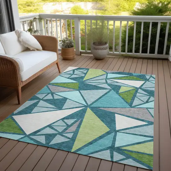 Teal Blue Green And Ivory Geometric Washable Indoor Outdoor Area Rug Photo 8