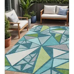 Photo of Teal Blue Green And Ivory Geometric Washable Indoor Outdoor Area Rug