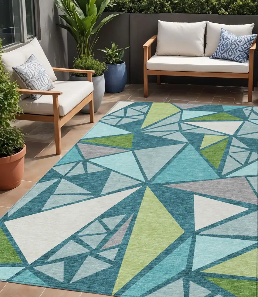 Teal Blue Green And Ivory Geometric Washable Indoor Outdoor Area Rug Photo 1