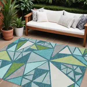 Photo of Teal Blue Green And Ivory Geometric Washable Indoor Outdoor Area Rug