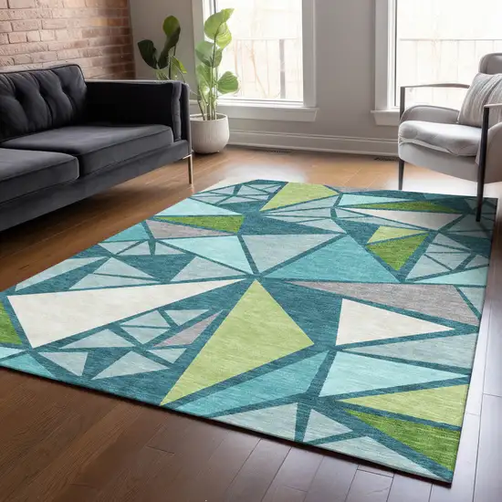 Teal Blue Green And Ivory Geometric Washable Indoor Outdoor Area Rug Photo 9