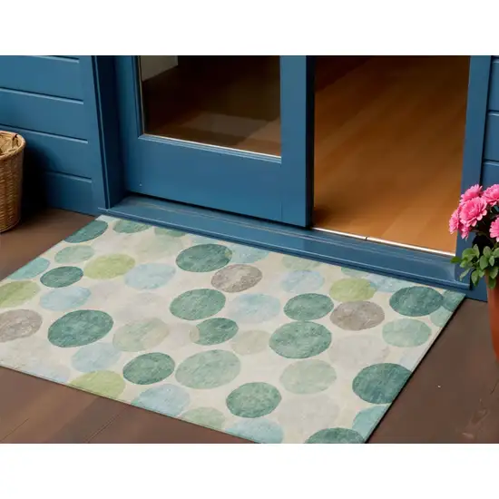 Teal Blue Green And Ivory Geometric Washable Indoor Outdoor Area Rug Photo 2