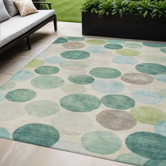 Teal Blue Green And Ivory Geometric Washable Indoor Outdoor Area Rug Photo 2