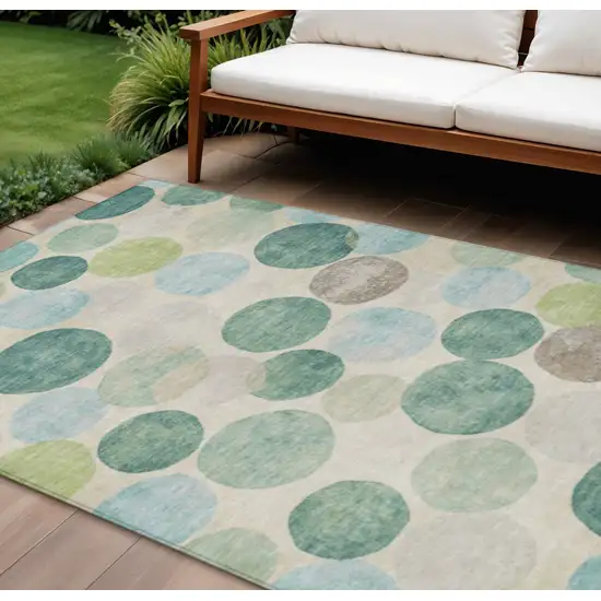 Teal Blue Green And Ivory Geometric Washable Indoor Outdoor Area Rug Photo 2