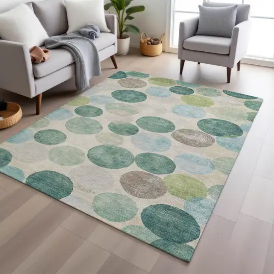 Teal Blue Green And Ivory Geometric Washable Indoor Outdoor Area Rug Photo 6