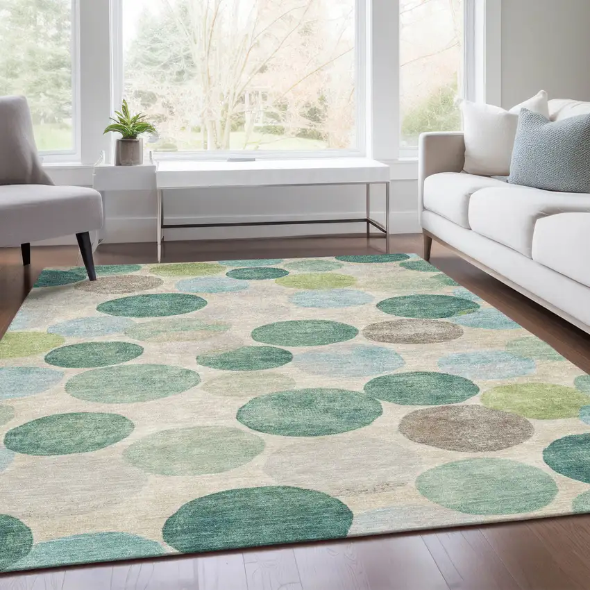 Teal Blue Green And Ivory Geometric Washable Indoor Outdoor Area Rug Photo 7
