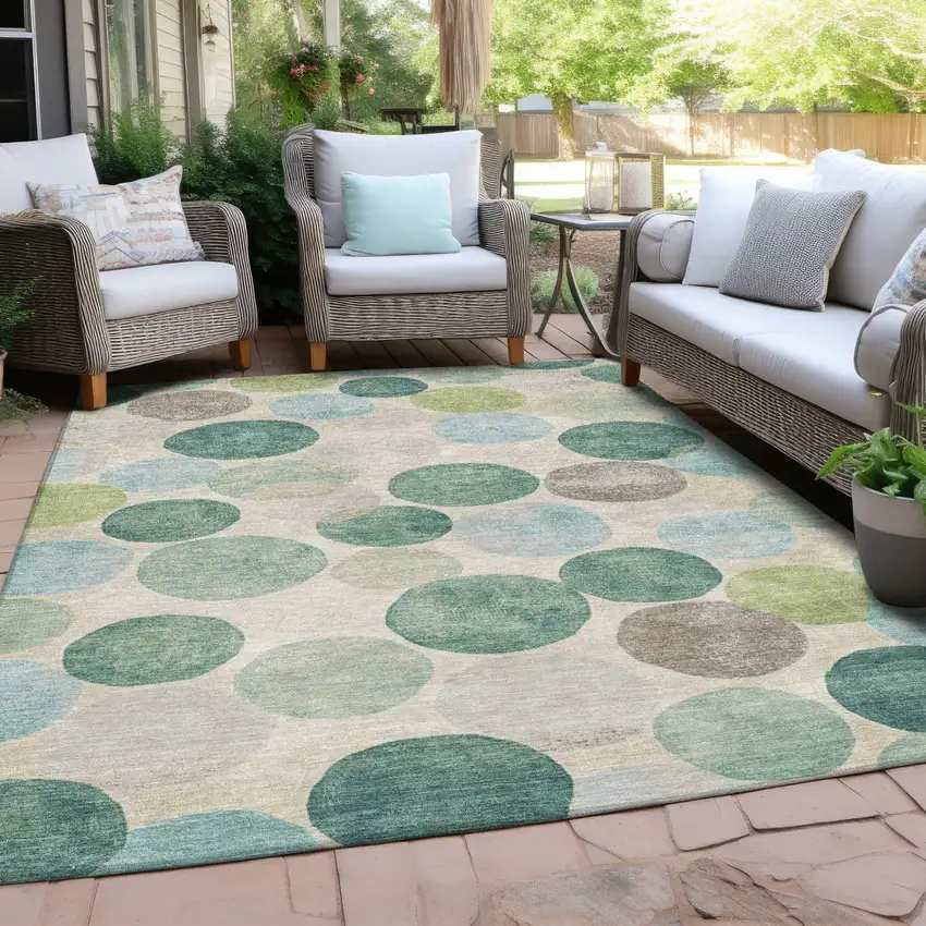 Teal Blue Green And Ivory Geometric Washable Indoor Outdoor Area Rug Photo 5