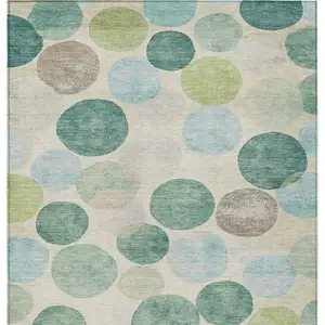 Photo of Teal Blue Green And Ivory Geometric Washable Indoor Outdoor Area Rug