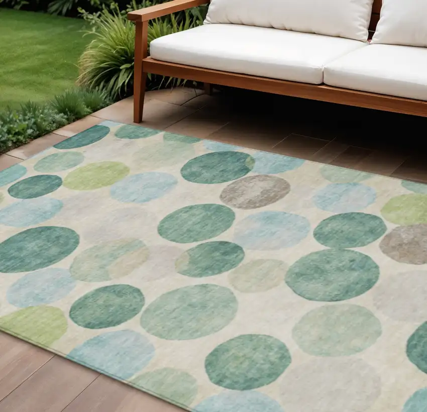 Teal Blue Green And Ivory Geometric Washable Indoor Outdoor Area Rug Photo 2