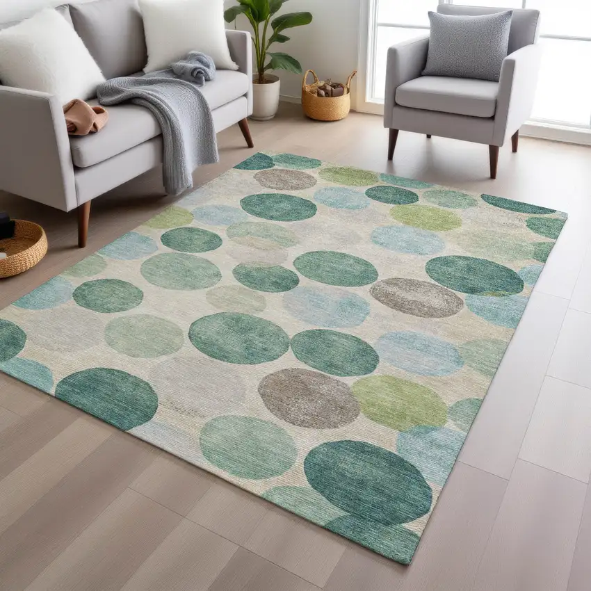Teal Blue Green And Ivory Geometric Washable Indoor Outdoor Area Rug Photo 6