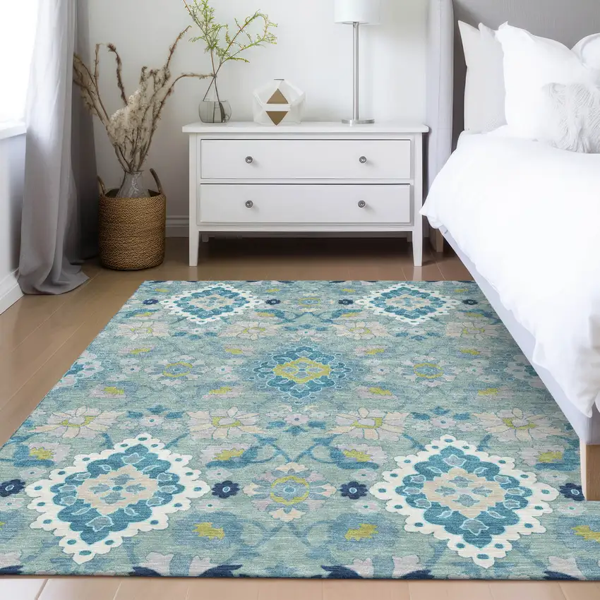 Teal Blue Green And Ivory Oriental Washable Indoor Outdoor Area Rug Photo 9