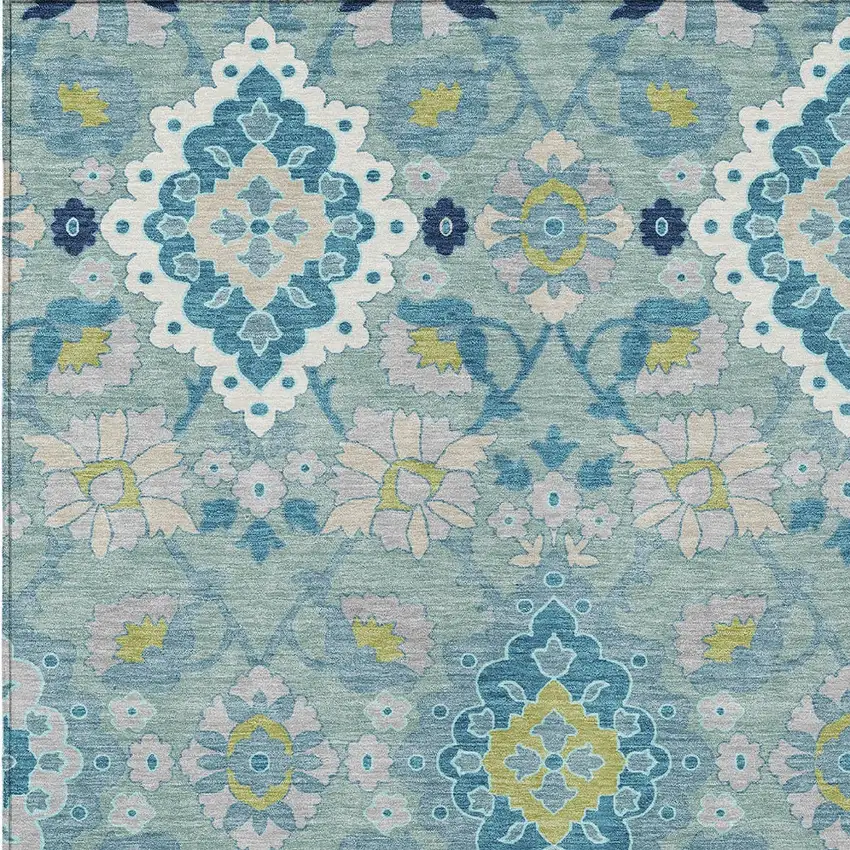 Teal Blue Green And Ivory Oriental Washable Indoor Outdoor Area Rug Photo 6