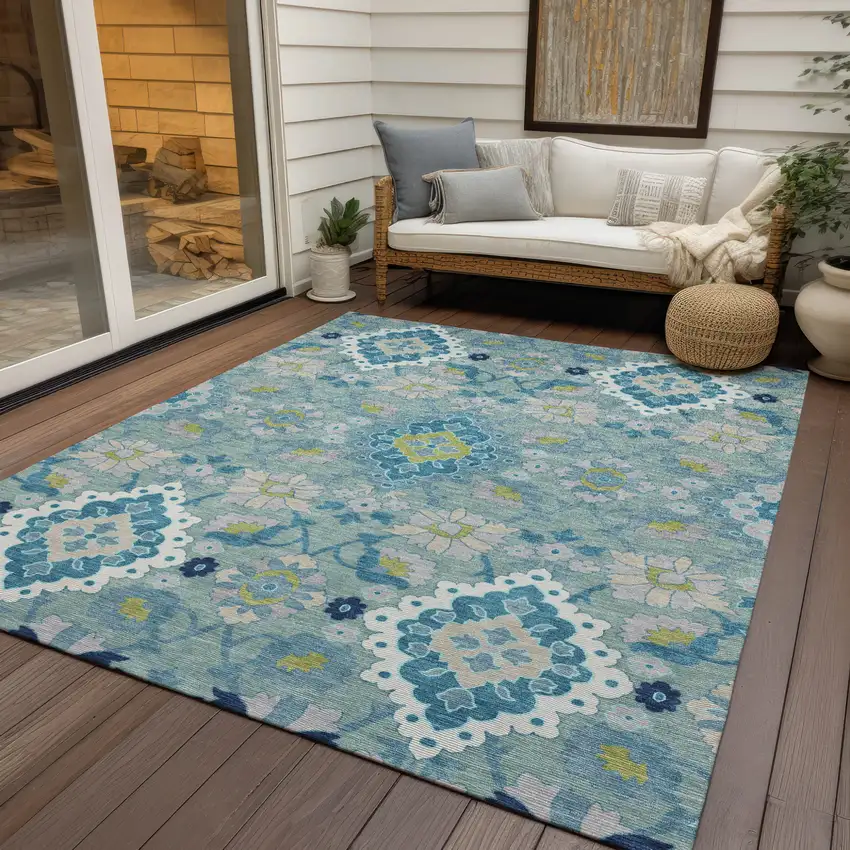 Teal Blue Green And Ivory Oriental Washable Indoor Outdoor Area Rug Photo 8