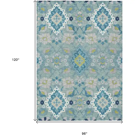 Teal Blue Green And Ivory Oriental Washable Indoor Outdoor Area Rug Photo 3