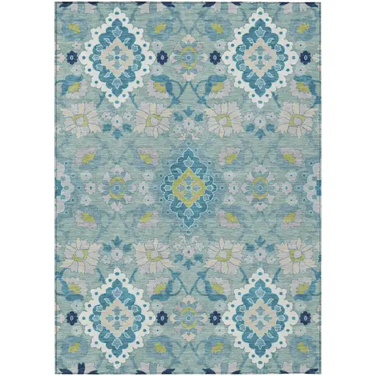 Teal Blue Green And Ivory Oriental Washable Indoor Outdoor Area Rug Photo 2