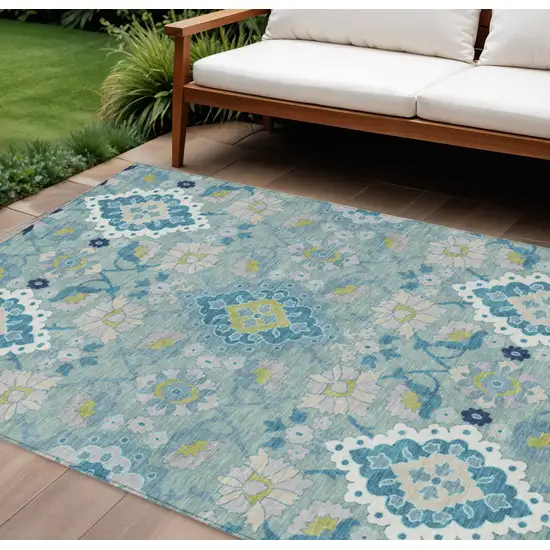 Teal Blue Green And Ivory Oriental Washable Indoor Outdoor Area Rug Photo 1