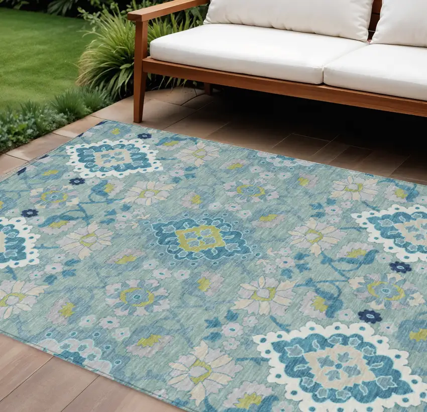 Teal Blue Green And Ivory Oriental Washable Indoor Outdoor Area Rug Photo 1