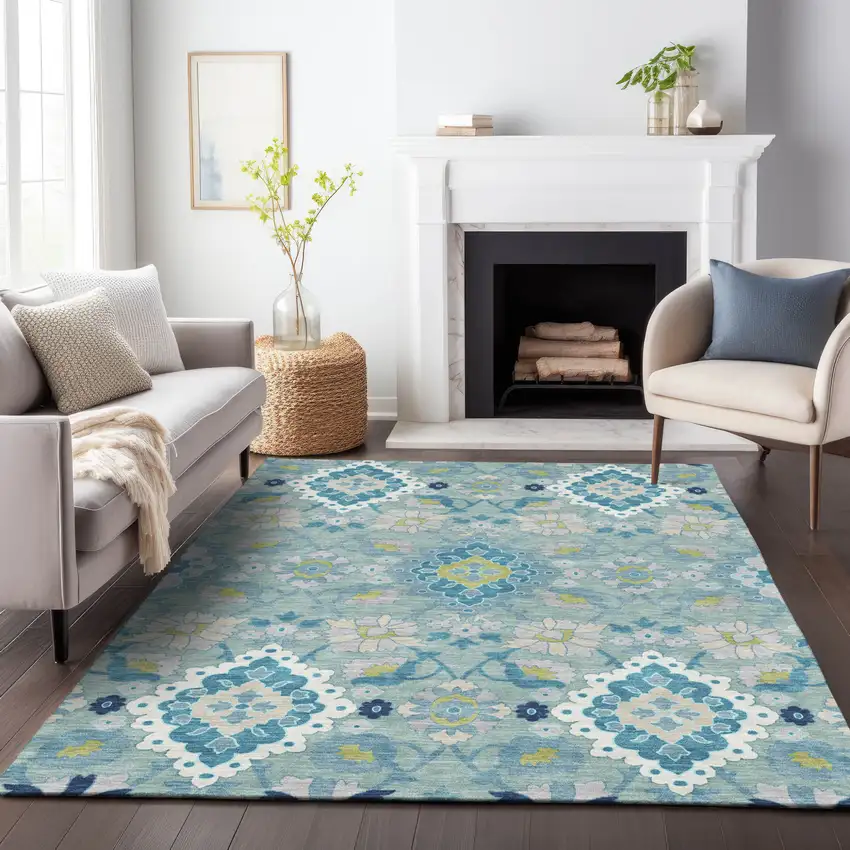 Teal Blue Green And Ivory Oriental Washable Indoor Outdoor Area Rug Photo 9