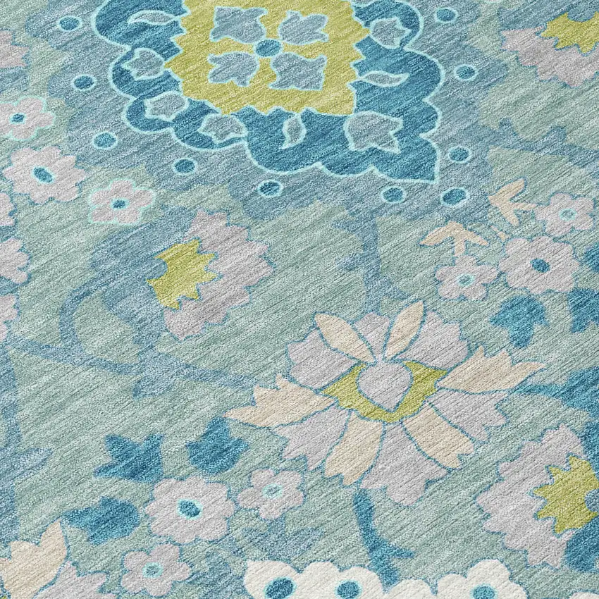 Teal Blue Green And Ivory Oriental Washable Indoor Outdoor Area Rug Photo 5
