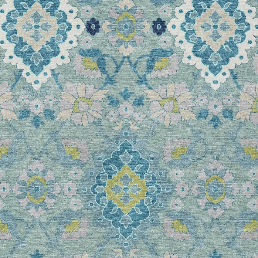 Teal Blue Green And Ivory Oriental Washable Indoor Outdoor Area Rug Photo 6